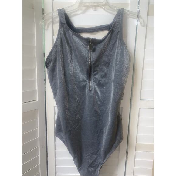 Beach CABANA 80s Vibe One Piece Silver Swimsuit Zipper Front Keyhole Back 22W - Picture 1 of 8